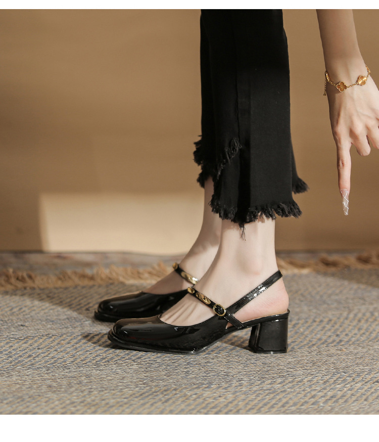 Sandal cao gót nữ hở mũi mũi vuông gót thô 9 cm — màu đen chi tiết 13