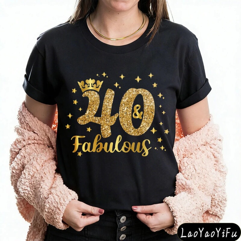 40 and Fabulous Golden Glitter Crown Women's T-Shirt Funny Casual Fashion Short Sleeve 40Th Birthday Outfit 40 and Fabulous Golden Glitter Crown Women's T-Shirt Funny Casual Fashion Short Sleeve 40Th Birthday Outfit
