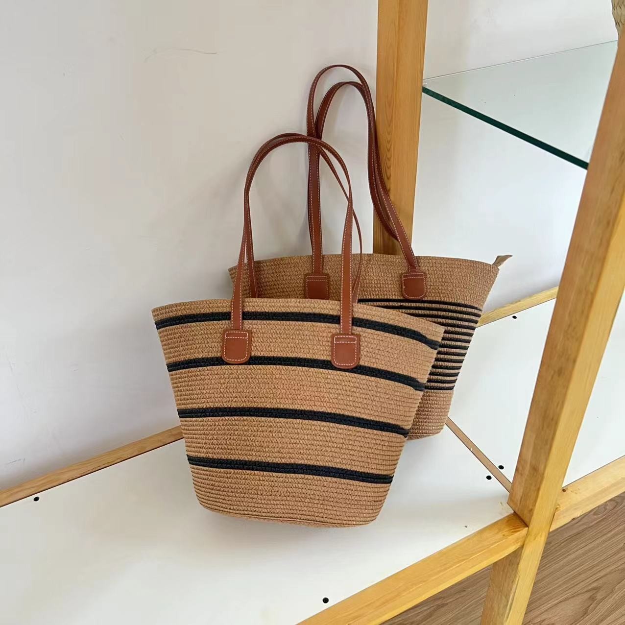 Stylish Striped Woven Shoulder Bag For Women Large Capacity Tote_voghion.com