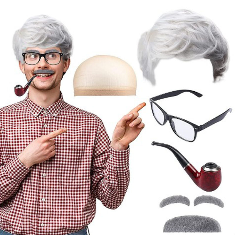 Grandpa role playing Professor wig vintage headgear cross-border hot sale props Beard pipe glasses