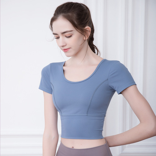Spring and summer new style beautiful back yoga wear short-sleeved tops for women naked with chest pad sports T-shirt Pilates running fitness