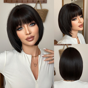 Black Short Hair Wig for Women, Full Head Cover, Age-Reducing and Repairing Bobo Hair, Real Hair Texture, Bobo Inner Buckle, Japanese Style Short Straight Hair