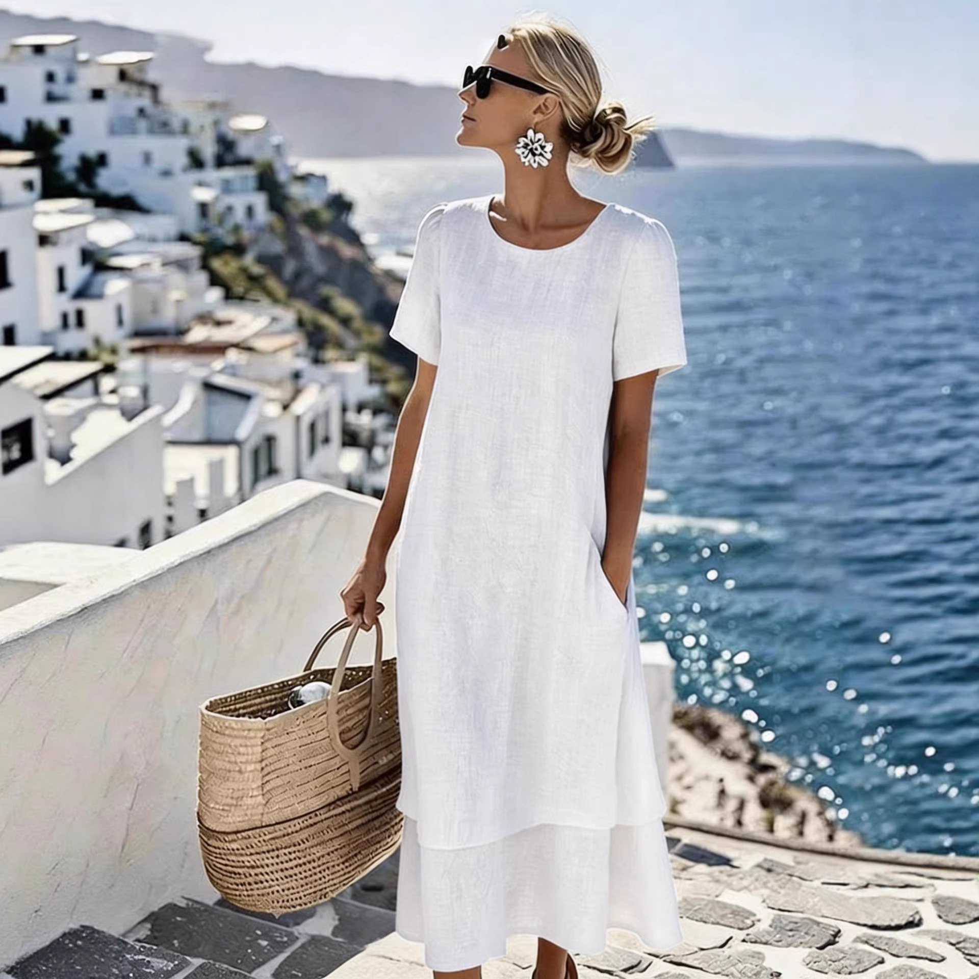 Women's Two-Layer Round Neck Short Sleeve Casual Dress For Spring Summer Vacation Daily Wear Versatile Round Neck & Short Sleeves_ecoleips.com
