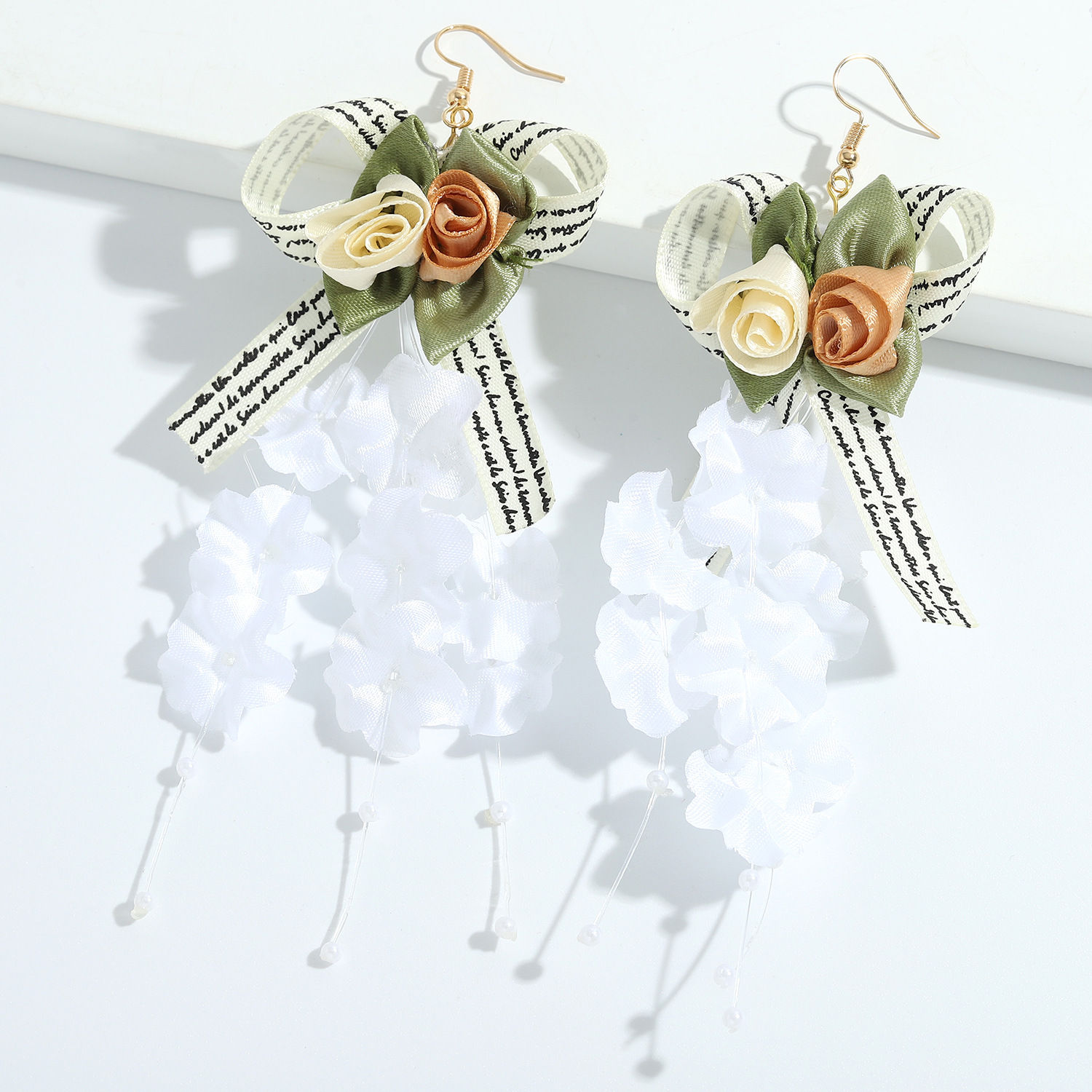Fashion Mesh Fabric Flower Tassel Bow Earrings display picture 3