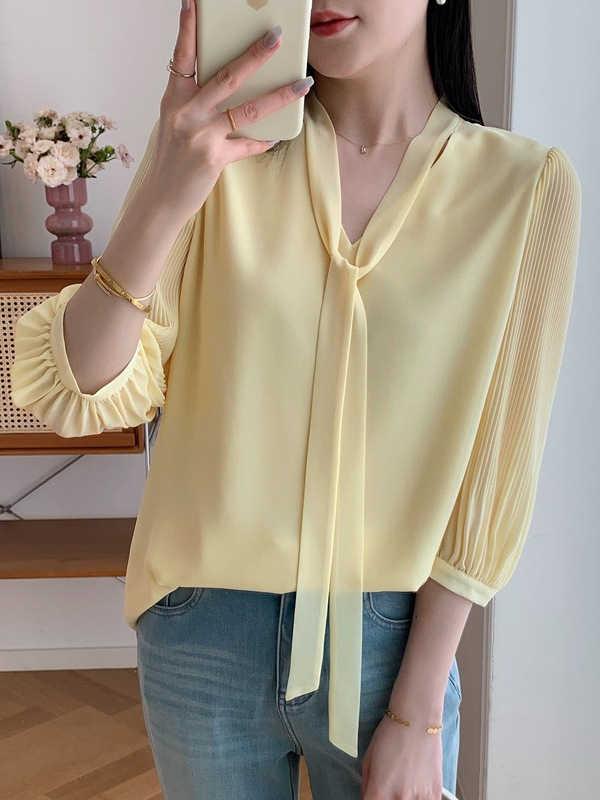 Weiyang 実用的な職場気質ストリーマーシャツ女性の夏の新しい通気性のあるドレープニッチデザイントップ|undefined