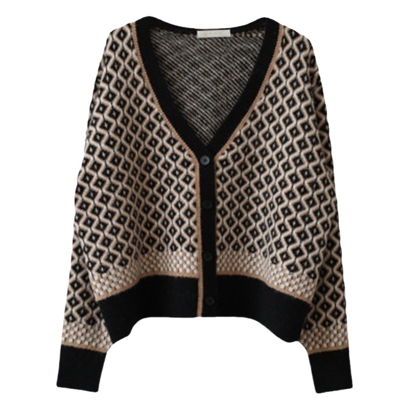 2023秋冬の韓国版のレトロな気質は色のメリヤスのカーディガンのvネックの菱格の厚いゆったりしているセーターの女性の上着にぶつかります。