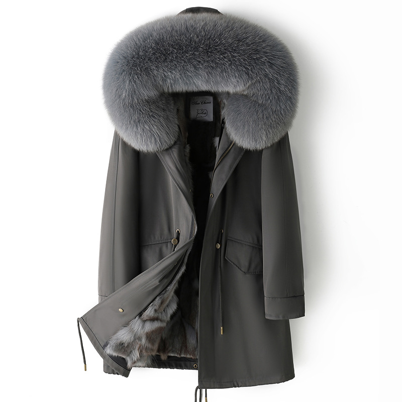 중간 길이의 짙은 회색 쉘 헤이즈 블루 폭스 모피 라이너