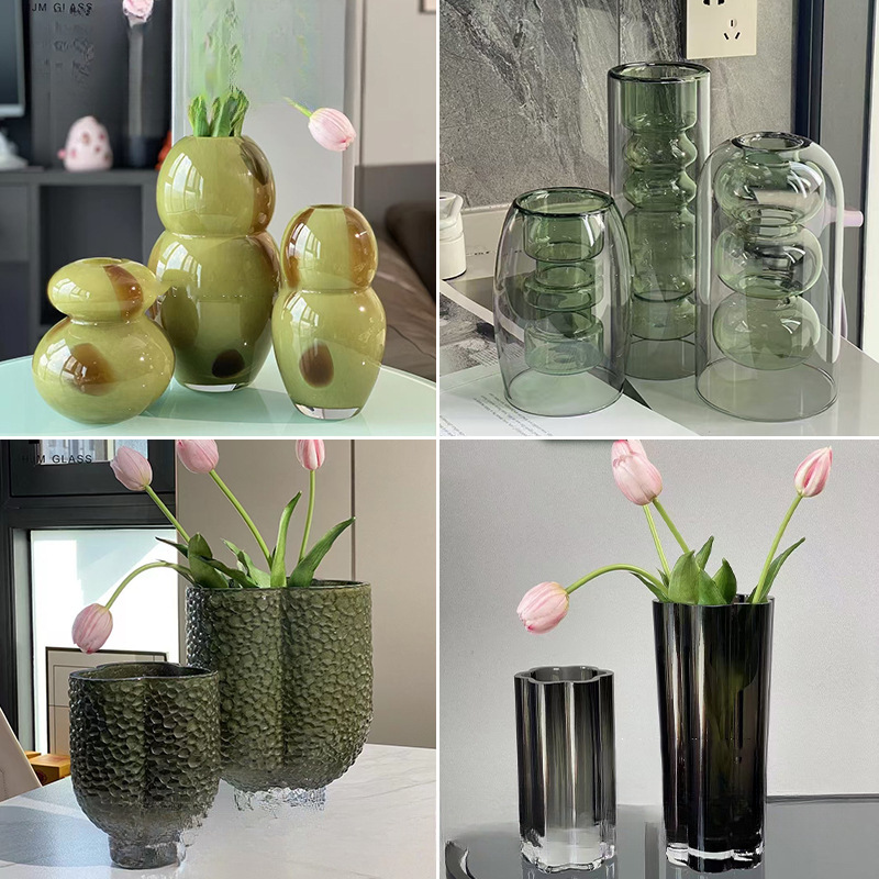 轻奢极简绿色玻璃花瓶玄关卧室沙发酒店别墅会所大堂插花器水培