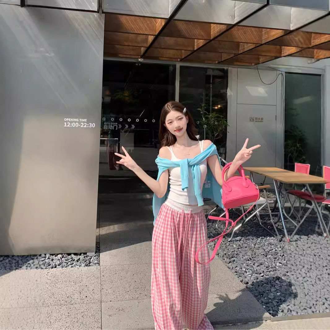 (2개) 가을 한국식 라이트 블루 슬림핏 긴팔 니트 카디건 스웨터 드로스트링 플레이드 카미솔