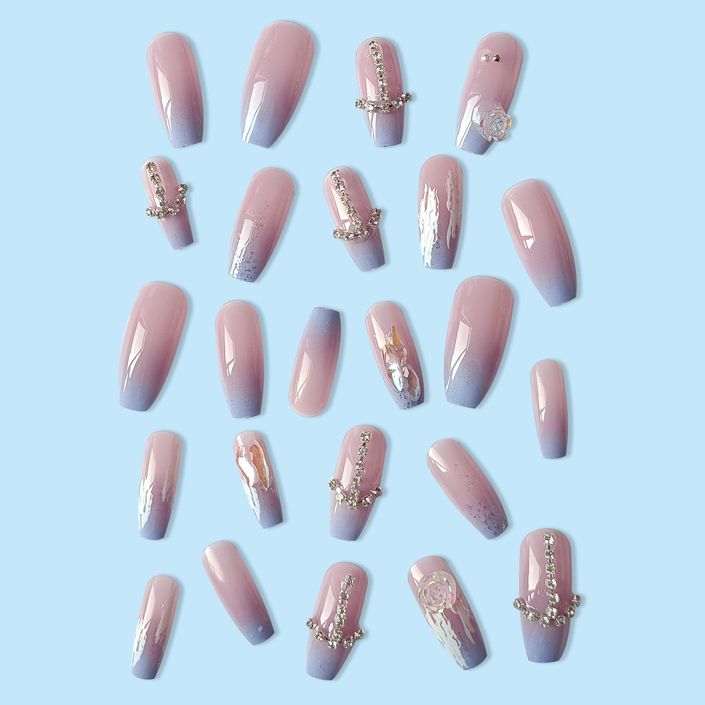 Color rosa-púrpura gradiente perforación de uñas, fantasía hermosa viento para usar uñas de ballet, 24 piezas de parche de uñas terminadas image 5