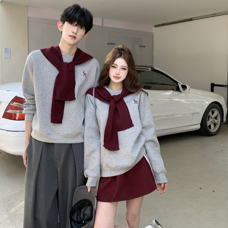 2025 Spring New Couple Outfits Casual Men's and Women's Round Neck College Style Pullover Sweatshirt and Skirt