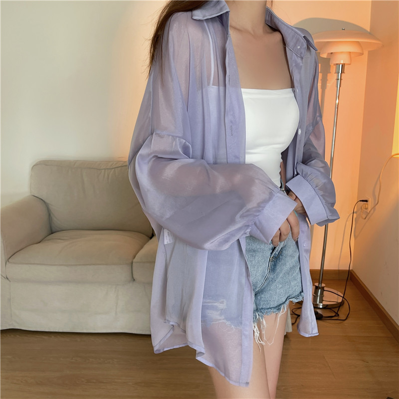 112g Weight Long Sleeve Sleeve Length Single Breasted Placket Type Shirtsleeve Sleeve Type Polyester, Chiffon Fabric Type Regular Top Length Cardigan Tops Type Holiday Occasion Shirt Collar Neckline Loose Fit Type Solid Color Pattern Summer, Spring Season Women's Gender Casual Style Wholesale Women's Casual Solid Color Long Sleeve Blouses 59
