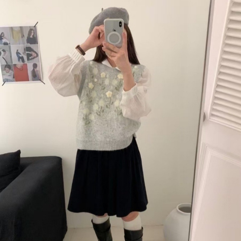 法式早秋新款温柔风立体花朵针织马甲韩系甜美清新钩花复古马甲女|undefined