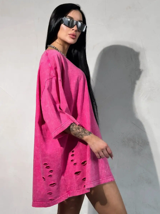 Amazon ins lavado retro agujero marca de moda algodón de manga corta blusa suelta camiseta 2024 casual versátil