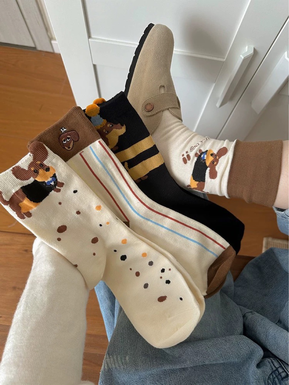 Playful Dachshund Puppy Print Soft Cotton Crew Socks for Casual Everyday Outfits Detail View 1