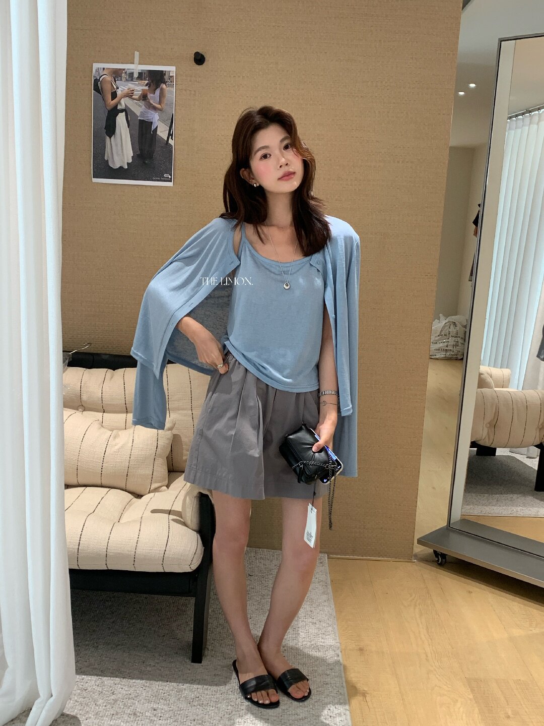Bộ cardigan len mỏng kèm áo hai dây hai mảnh nữ mùa hè — Xám cacbon, xanh lam, màu hồng, Đậu xanh chi tiết 79