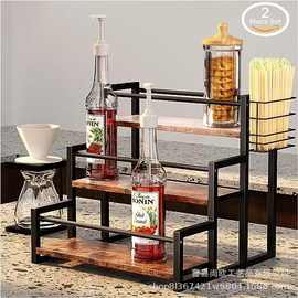 木质铁木结合多层红酒展示架厨房香料置物架多用途阶梯式整理架