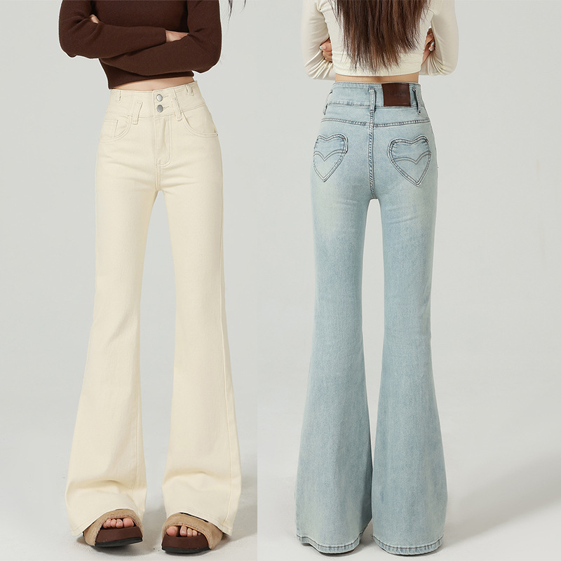 Women's flared jeans with fleece lining, new autumn and winter style, light-colored, stretchy, high-waisted, slimming bell-bottom pants for petite figures Women's flared jeans with fleece lining, new autumn and winter style, light-colored, stretchy, high-waisted, slimming bell-bottom pants for petite figures