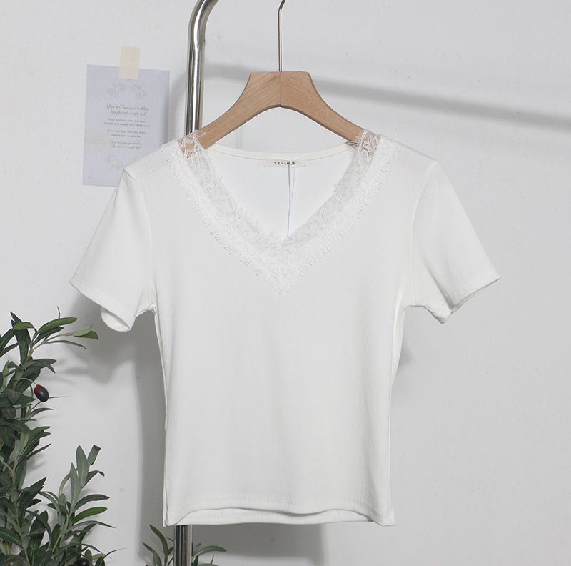 Summer Romantic Lace V neck Sexy T shirt Short Small Slim Short Sleeved Tops