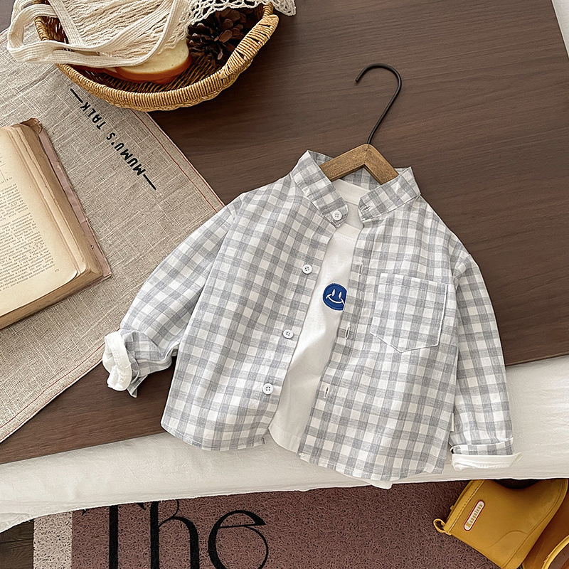 Boys' spring and autumn stand-up collar plaid shirt, Japanese style textured thin shirt, simple long-sleeved casual top for toddlers.