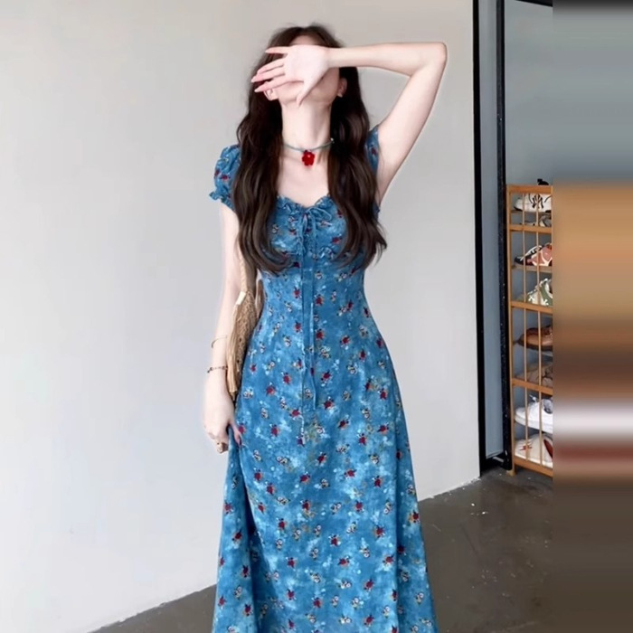 夏日巨好看法式蓝色碎花连衣裙子女装夏季2025新款爆款小个子长裙|undefined