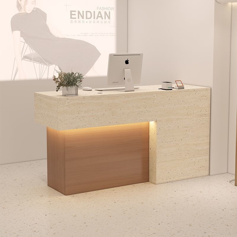 SJ new clothing store with illuminated cash register, women's clothing store bar counter, travertine pattern reception desk, hotel counter, hair salon front desk