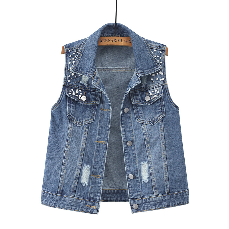 Versão coreana de primavera do versátil colete jeans com contas para mulheres, colete solto de personalidade fashion, roupa externa_voghion.com
