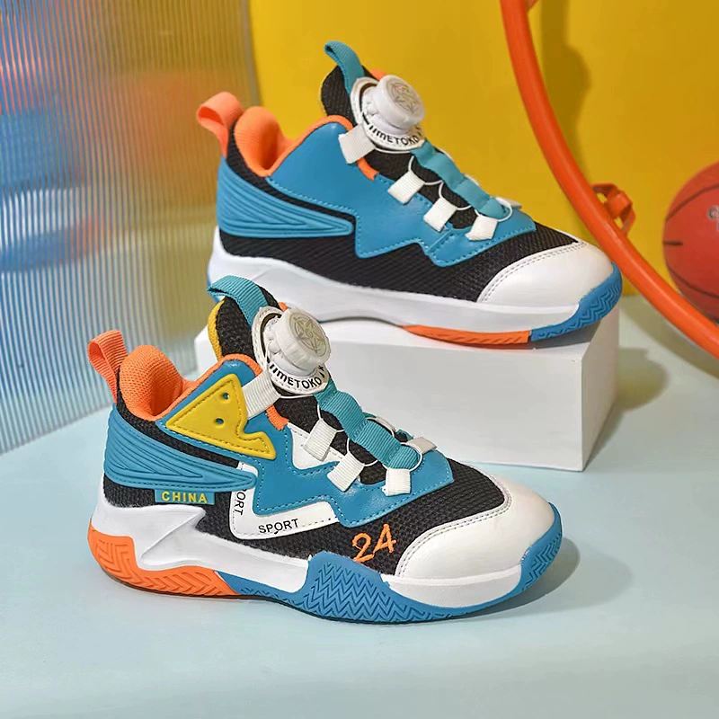 Летняя детская баскетбольная обувь детская сетка дышащая студенческая тренировочная обувь вращающаяся пряжка детская спортивная обувь