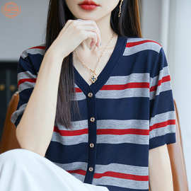 韩版V领条纹莱赛尔天丝短袖T恤女夏季洋气减龄拼色针织假开衫上衣