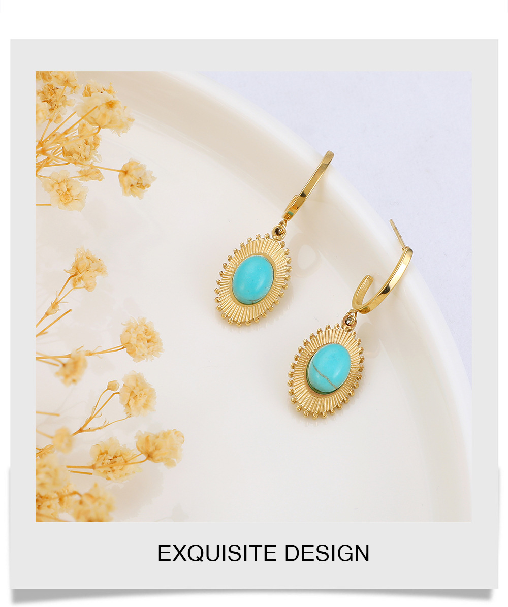 Wholesale Fashion Oval Sunflower Stainless Steel Inlaid Turquoise Earrings Nihaojewelry display picture 1