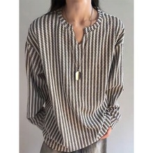 鱼骨纹小香风v领长袖t恤男秋季美式复古慵懒风卫衣条纹内搭打底衫
