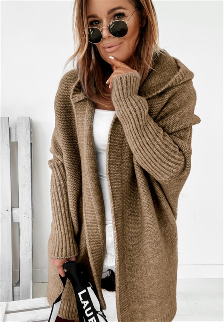 Hooded Soft Loose Back Spliced Knit Cardigan NSJXW105049