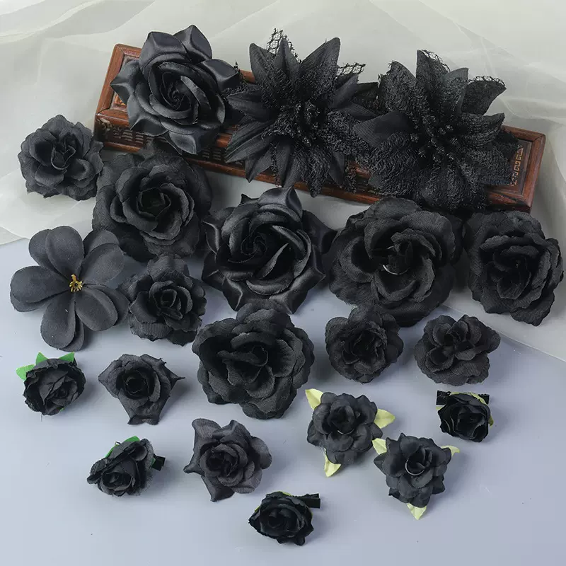 黑色系仿真花朵套装 假花DIY材料绢花簪花头饰学士帽粘花痛包装饰