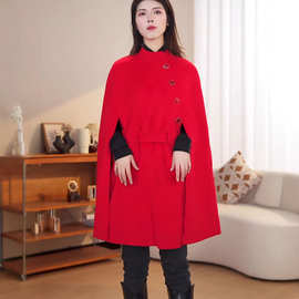 129羊毛披肩大衣时尚红色