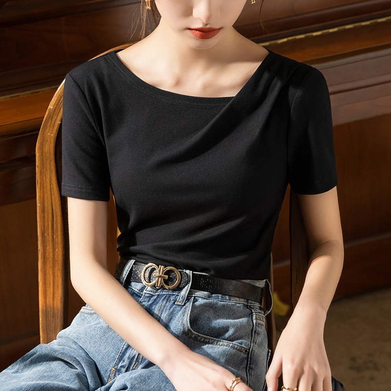 Camiseta modal de manga corta para mujer 2023 nuevas mujeres europeas fuera del hombro swing collar color sólido camiseta plisada cintura superior image 6
