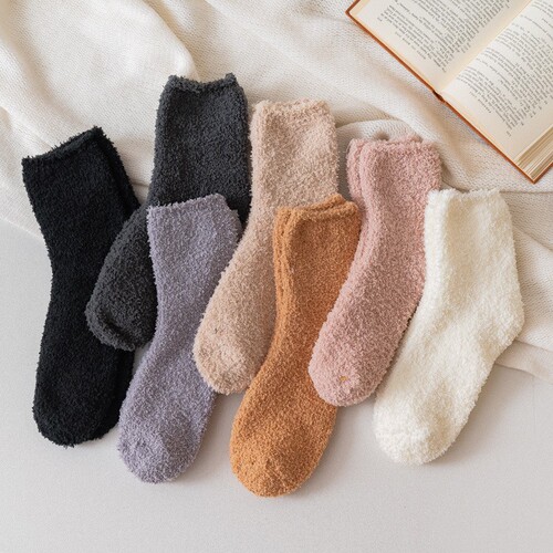Winter and Spring Plain Color Half-Fleece Thickened and Fleece Coral Fleece Warm Mid-Calf Socks Postpartum Socks Floor Socks for Women