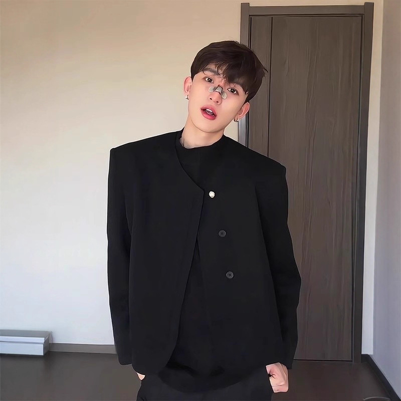 New Chinese Style Small Fragrance Collarless Pearl Button Jacket Men's Spring Engagement Banquet Graduation Season College Style Couple Suit Jacket