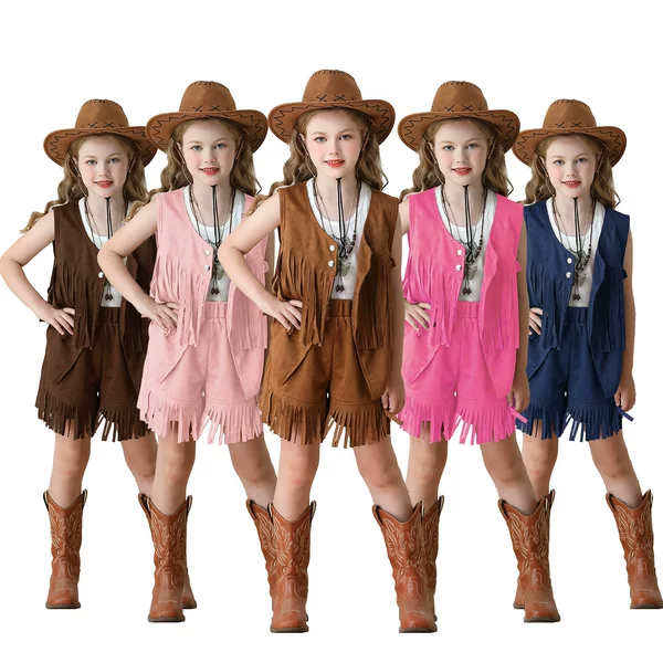 Children's Carnival Tassel Vest Ethnic Style Retro Deerskin Velvet Western Denim Shorts Girls Hippie Performance