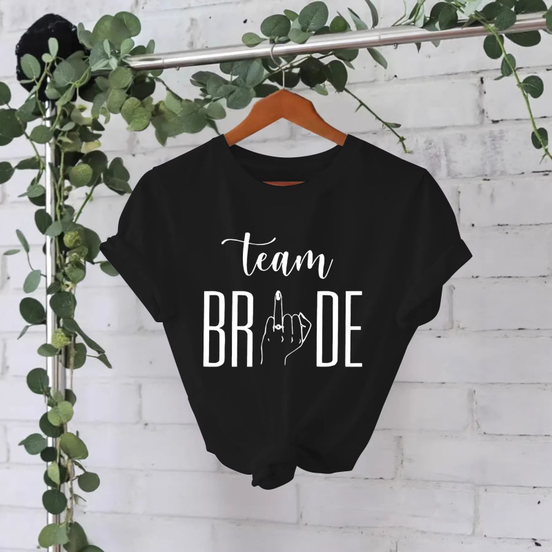 Independent Brand European and American Style Short-Sleeve Women's T-Shirt with Bride Team Victory Pattern Print, Round Neck, Loose Fit, Plus Size T-Shirt
