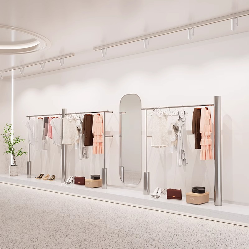 Floor-standing silver stainless steel display rack combination shelf for women's clothing store specialized hanger