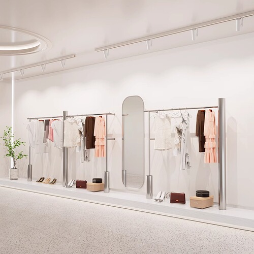 Floor-standing silver stainless steel display rack combination shelf for women's clothing store specialized hanger