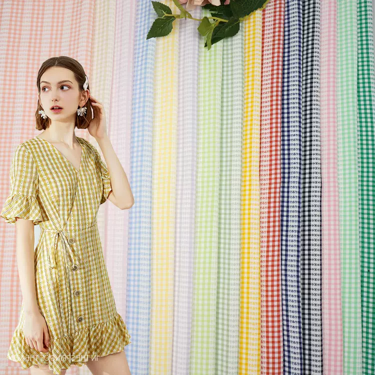 春夏连衣裙格子面料 涤纶提花色织衬衫布料 童装发饰格纹面料批发