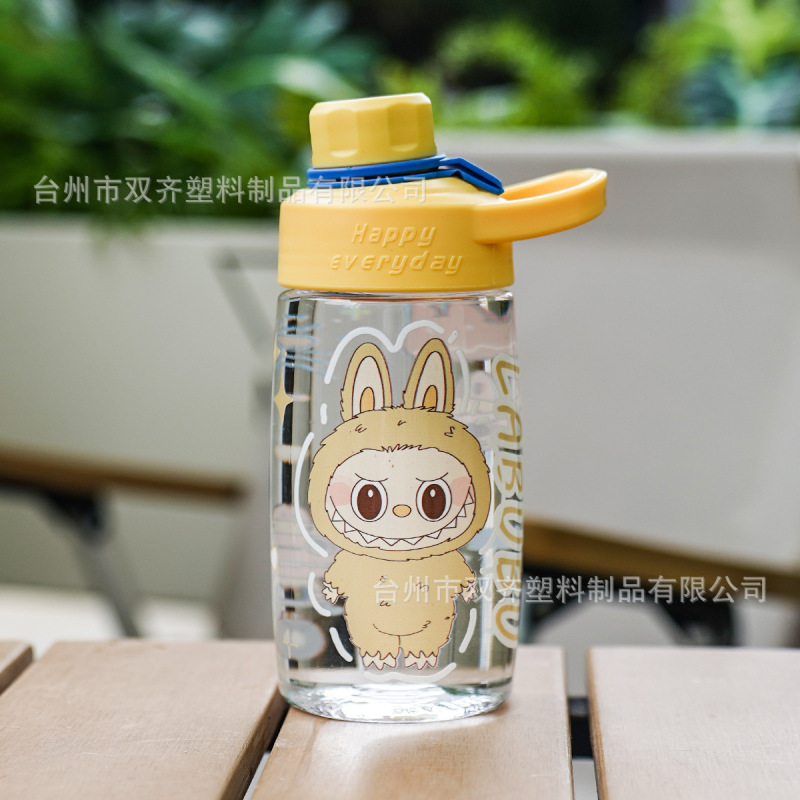 拉布布卡通图案透明塑料杯高颜值大容量水杯防摔杯直饮提绳便携杯|undefined