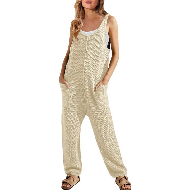Primavera/Verano 2020 nuevo mono suelto casual de mujer sin mangas con cuello en U pantalones de una pieza Doble Bolsillo