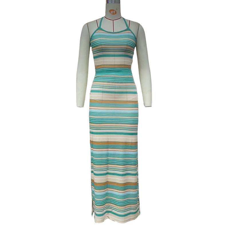 Women Clothing Knitted Slit Sexy Dress Lace up Halterneck Striped Top