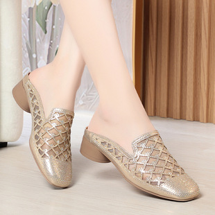 Baotou Half-Slippers for Women 2024 New Summer Mom Shoes Suitable for Wide Feet Women's Shoes Mesh Low-Heeled Sandals