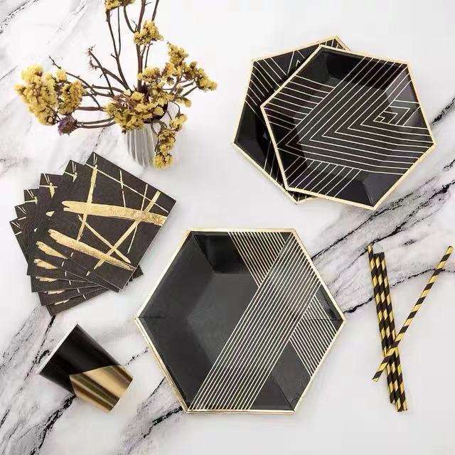 High-grade hexagonal bronzing black paper plate disposable tableware paper cup paper towel paper plate simple European and American style