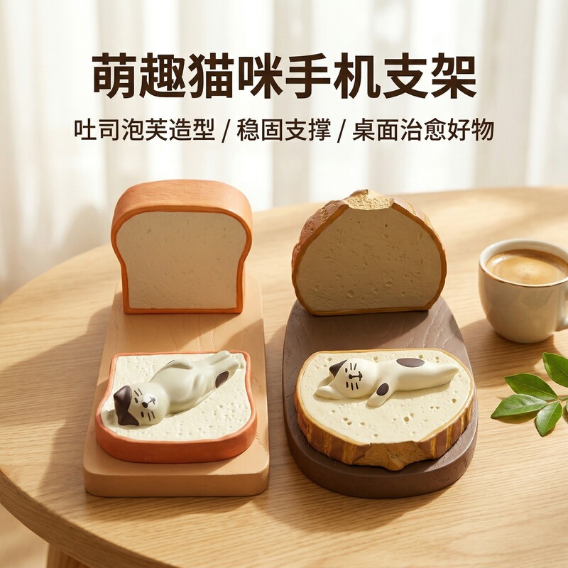 Zakka Cute Cat Toast Puff Bag Phone Stand Resin Desktop Ornament Cute Healing Lazy Stand