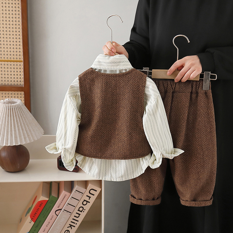 7753 Camisa de chaleco coreana para niños Traje de tres piezas 2025 primavera y otoño nuevo traje de pantalones de chaleco para bebés y niños