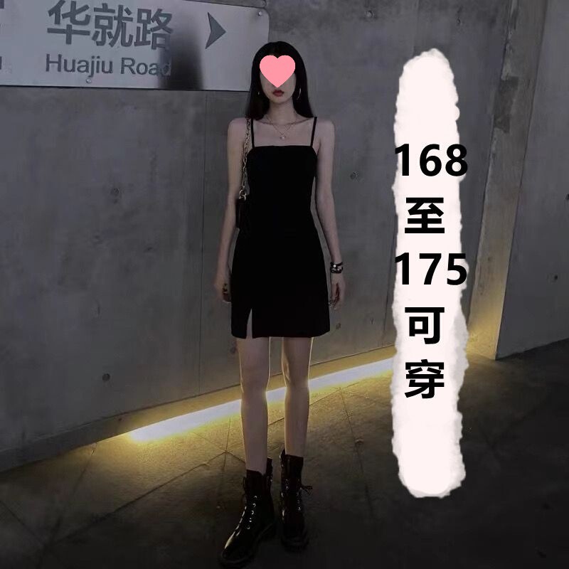 黑色开叉吊带裙女夏外穿修身显瘦连衣裙赫本风气质复古内搭小黑裙|undefined